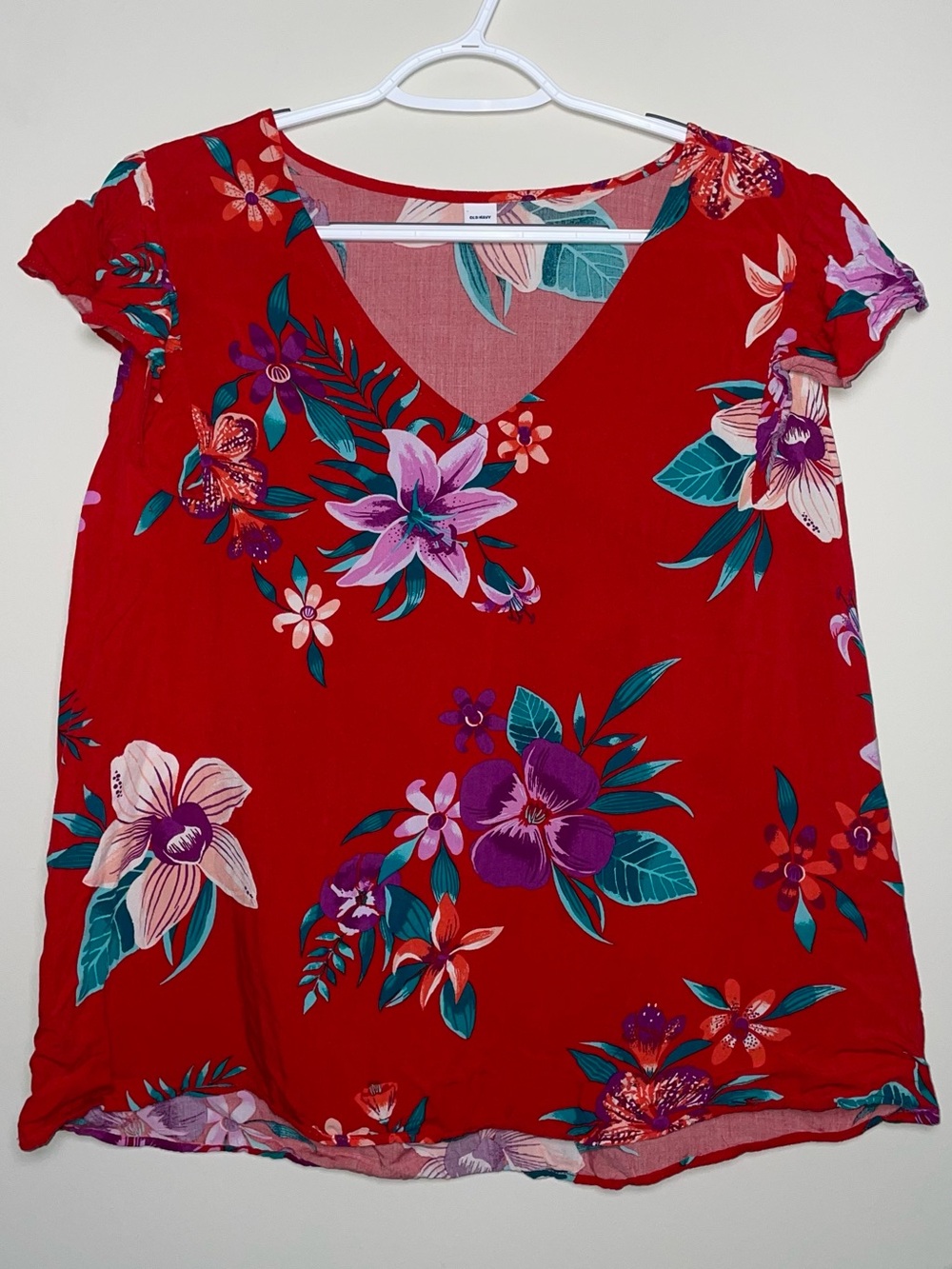 Old Navy L Red Tropical Floral Pattern Flutter Sleeve Blouse Summer Viscose